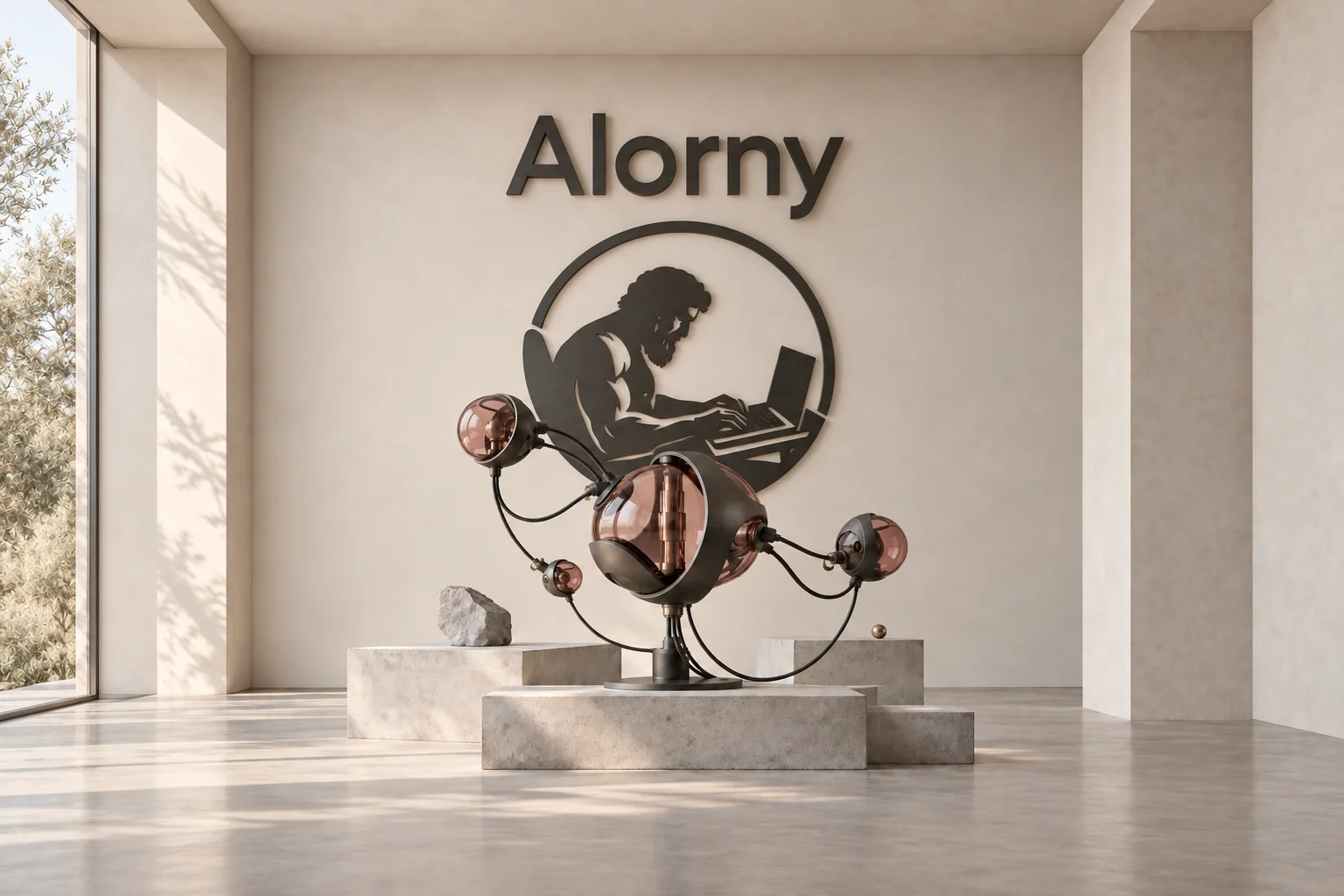 An Alorny wall installation with a precision machine sculpture