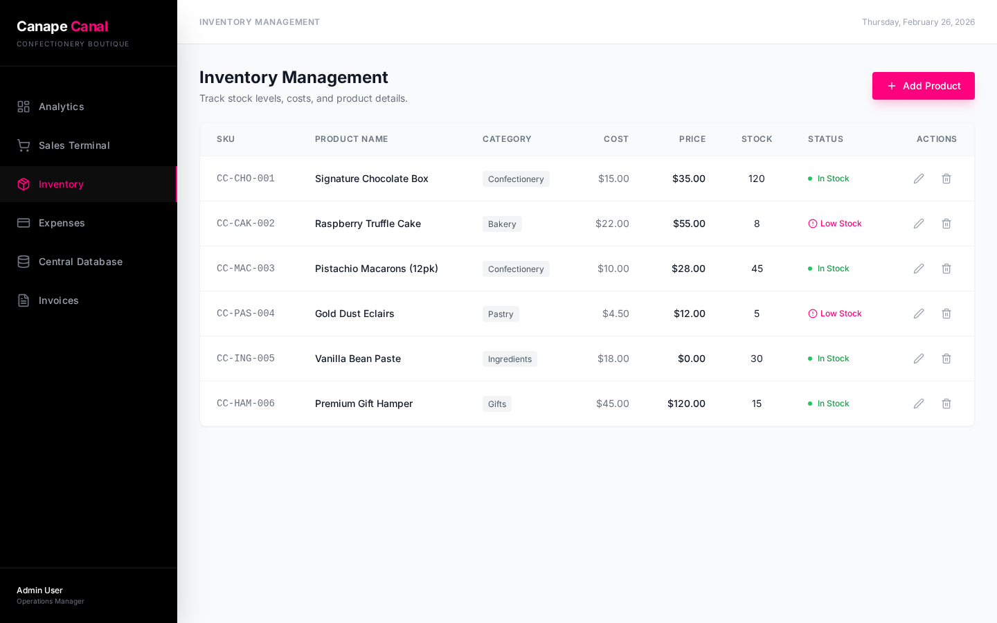 Canape Canal OS inventory management screen