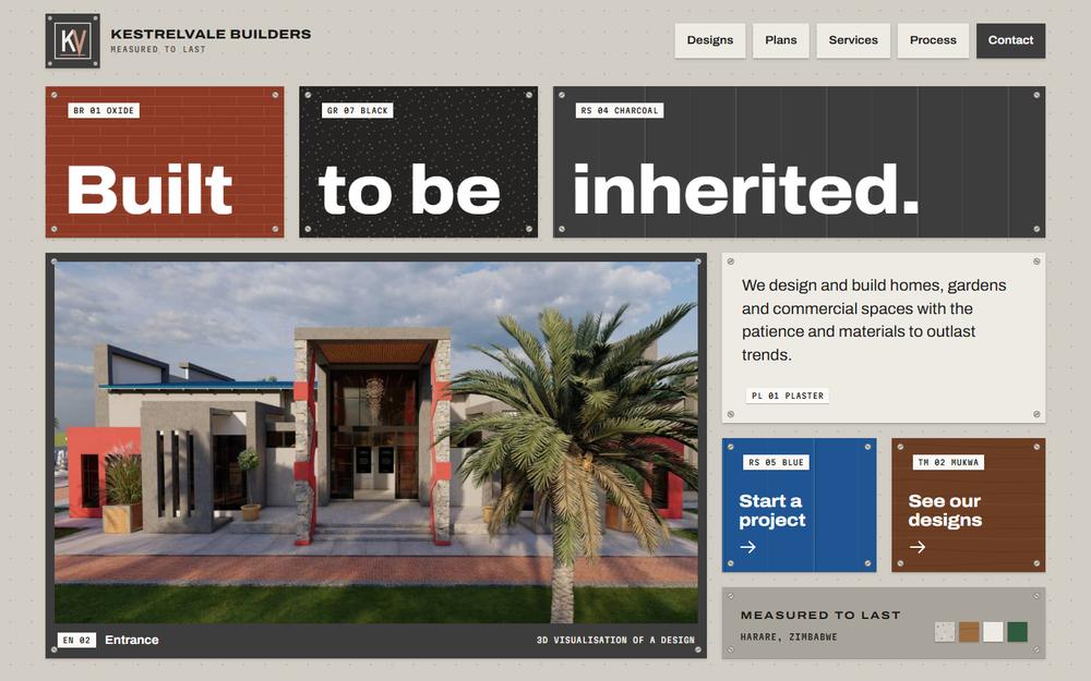 Kestrelvale Builders website concept laid out as a builder's material sample board